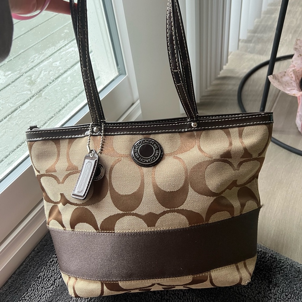 Coach signature canvas & leather brown tote